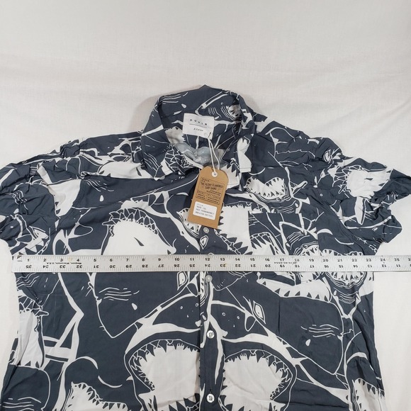 Duvin Design Company Shirt Mens XL Blue White Jaws‎ Shark Print Button Up Casual - Picture 6 of 8